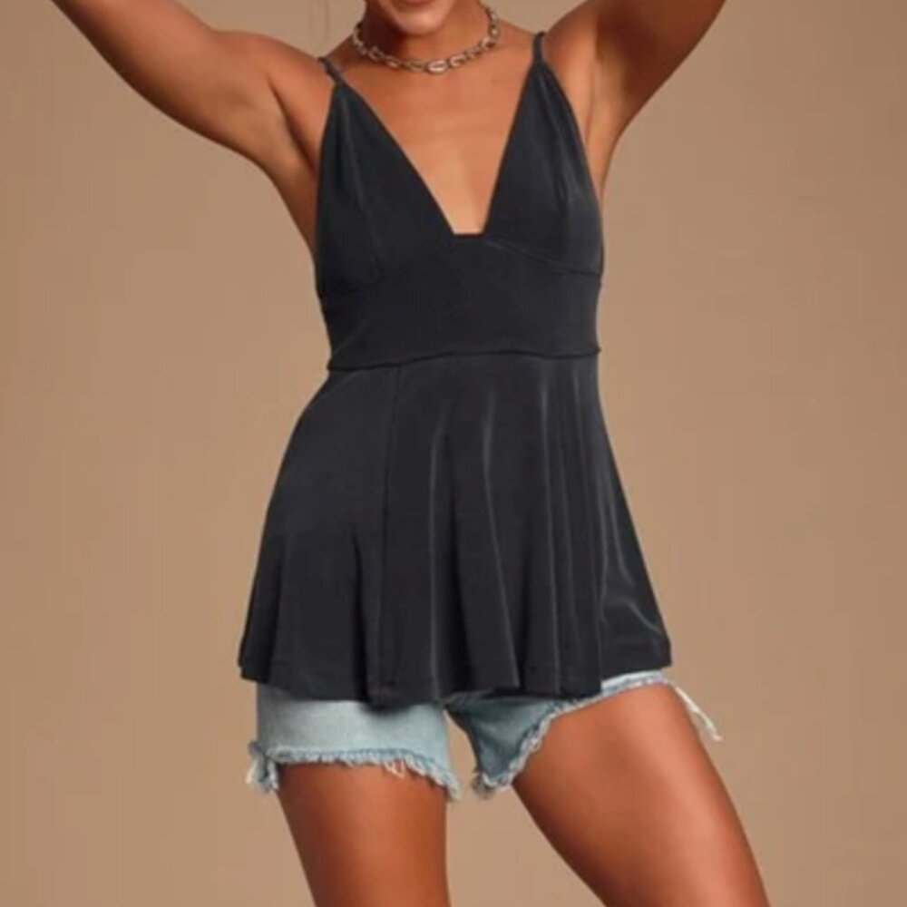 NWT Free People Black Spaghetti Strap V-Neck Baby Doll Cami Tank Top